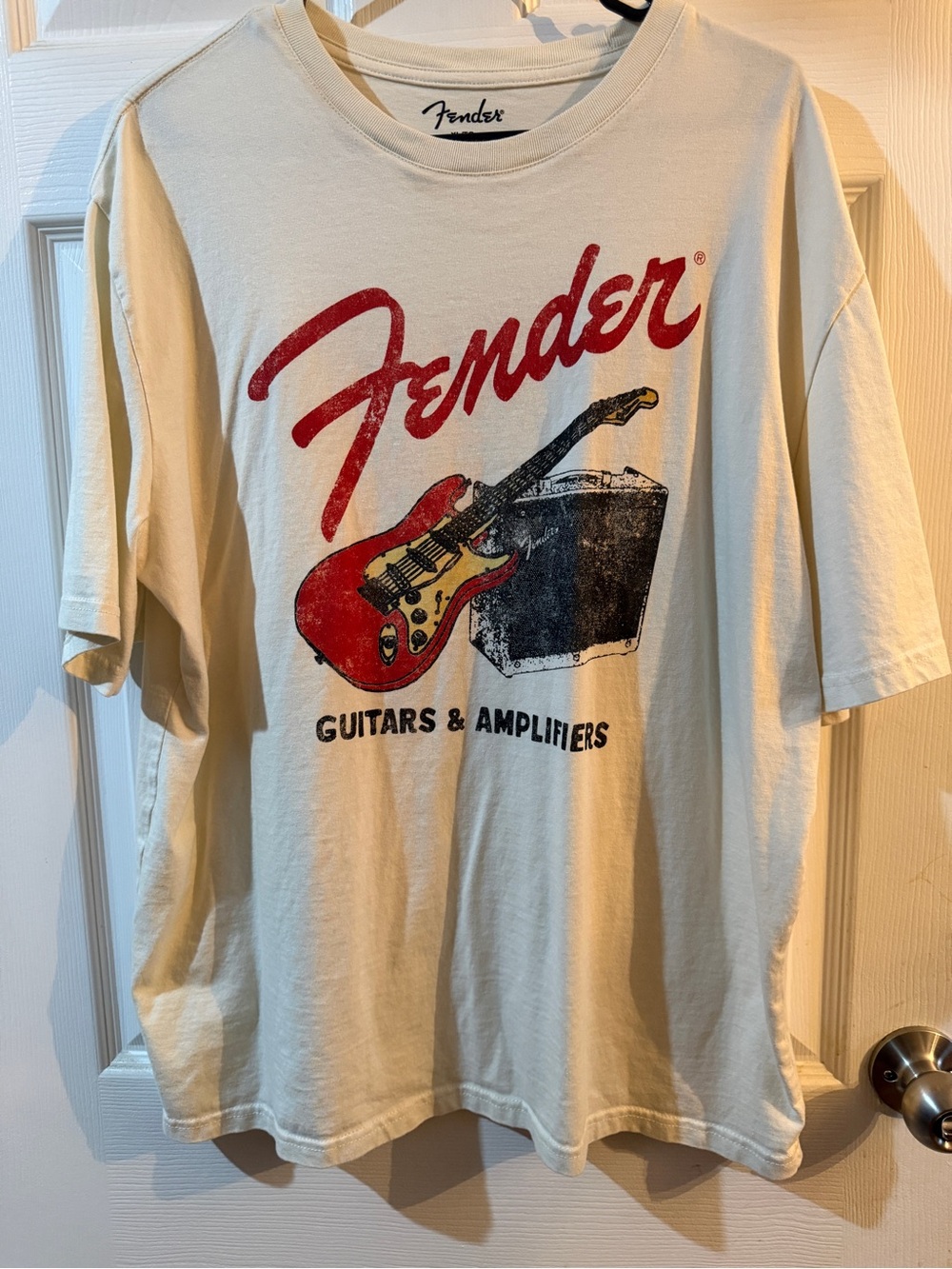 Fender Cream Tee with Red Guitar Graphic